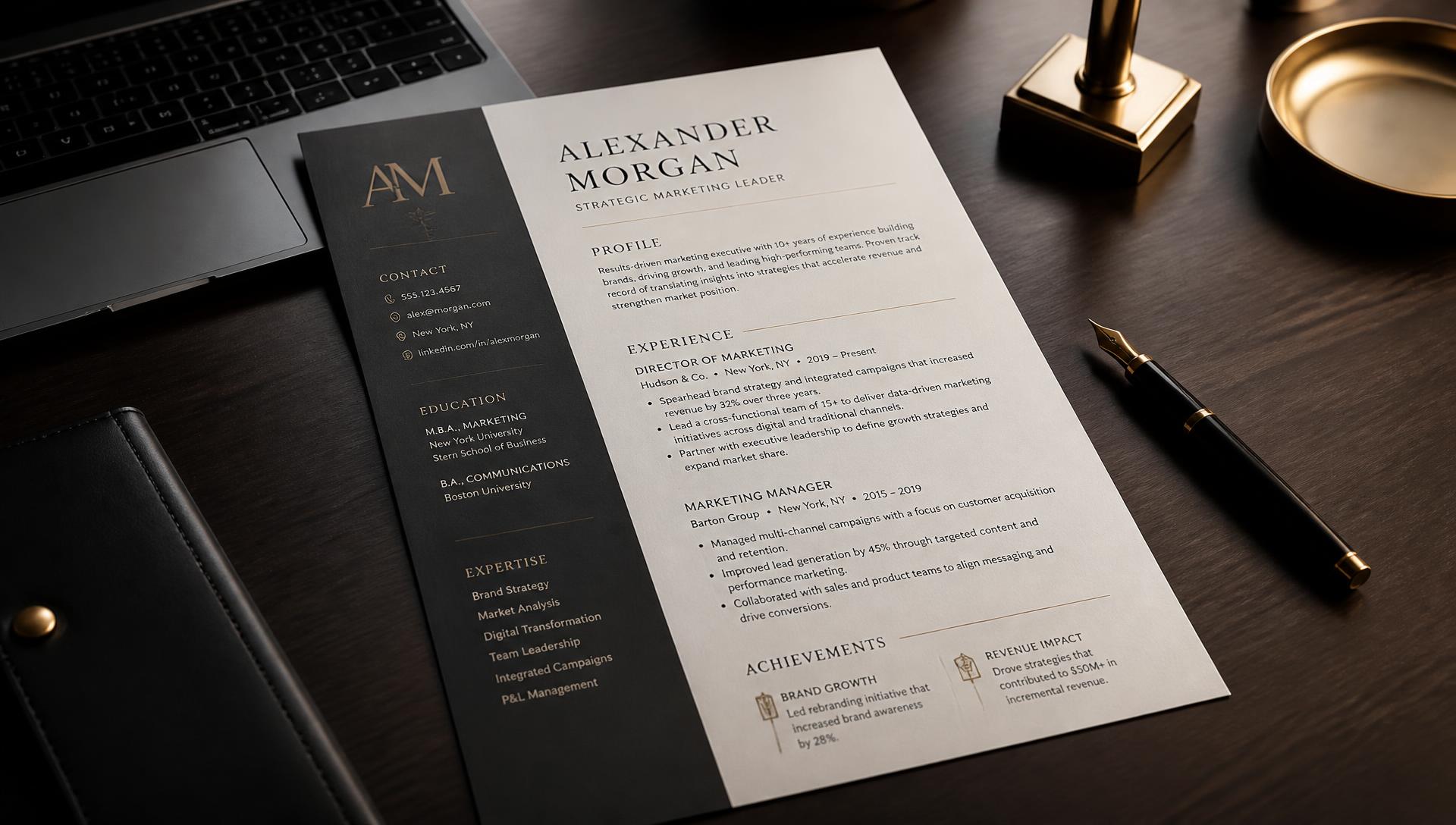 Premium printed resume on an executive desk beside a laptop
