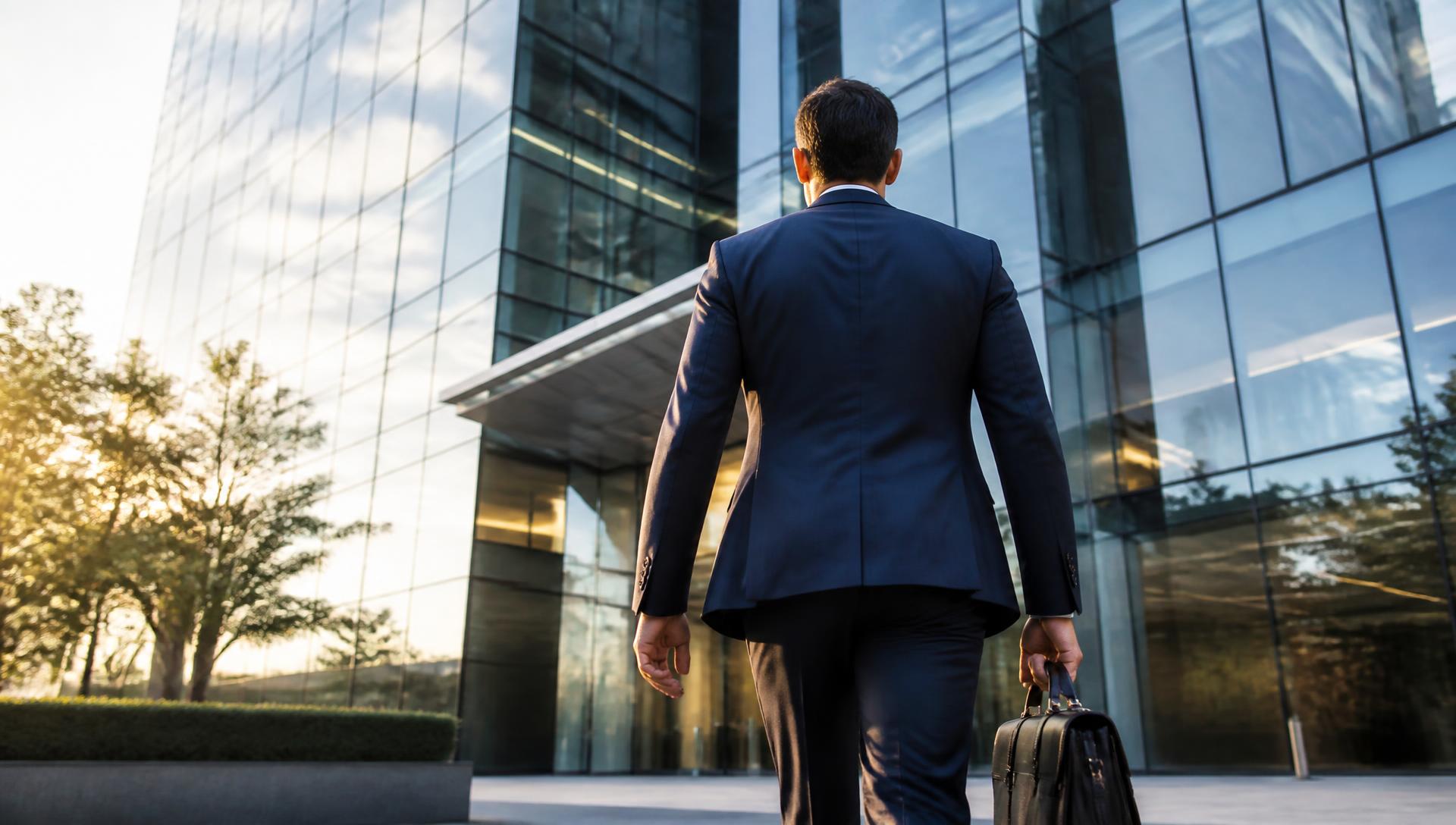 Confident professional walking toward a modern corporate office